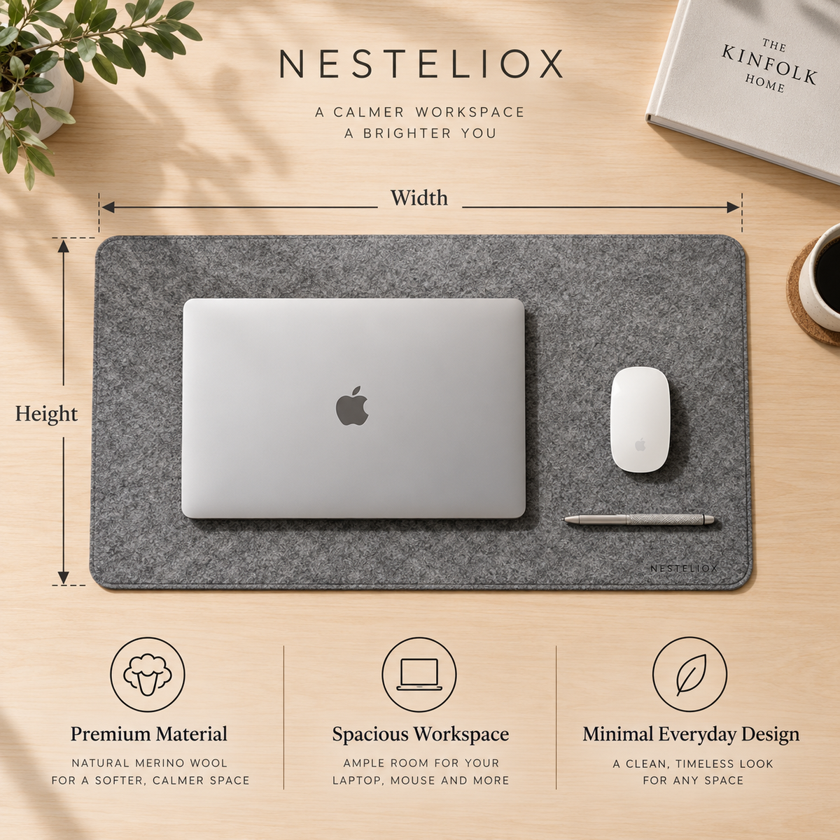 NESTELIOX Premium Felt Desk Mat — Natural Merino Wool Workspace Essential